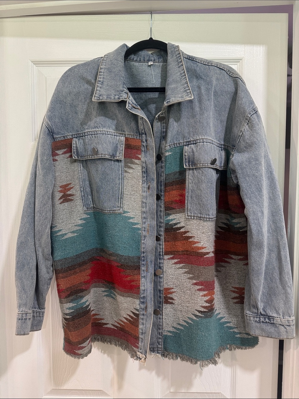 Buckle Vintage-Inspired Denim Jacket with Tribal Blanket Panels